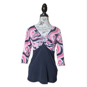 VENUS - Pink, White & Black Abatract V-Neck 3/4 sleeve Top